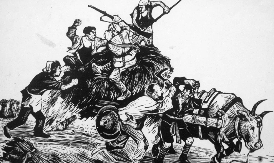 《不让敌人抢走粮食》 木刻版画  1943年